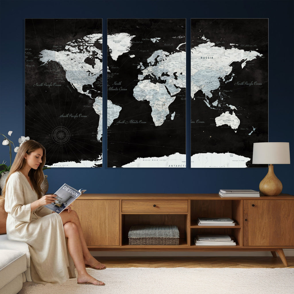 World Map Canvas Print | Framed Push Pin Wall Art, Color Splash Travel Map