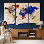 Watercolor World Map Canvas Print | Framed Wall Art for Couples