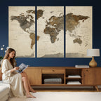 Vintage World Map Canvas Wall Art | Framed Antique Style Travel Map