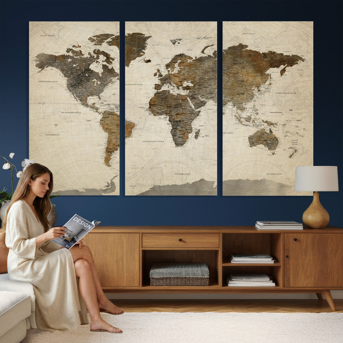 Vintage World Map Canvas Wall Art | Framed Antique Style Travel Map