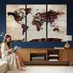 World Map Canvas Triptych | Colorful Global Wall Art for Living Rooms