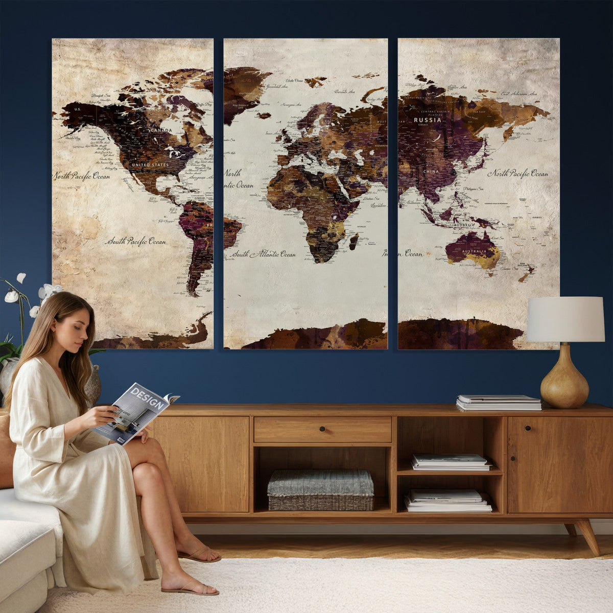 World Map Canvas Triptych | Colorful Global Wall Art for Living Rooms