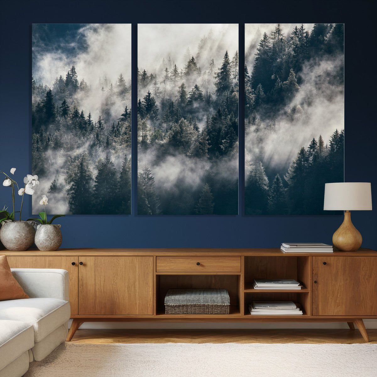 Foggy Mountain Forest Canvas Print, Misty Pine Trees Nature Wall Art