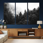 Black White Forest Wall Art Canvas Print, Misty Pine Tree Landscape