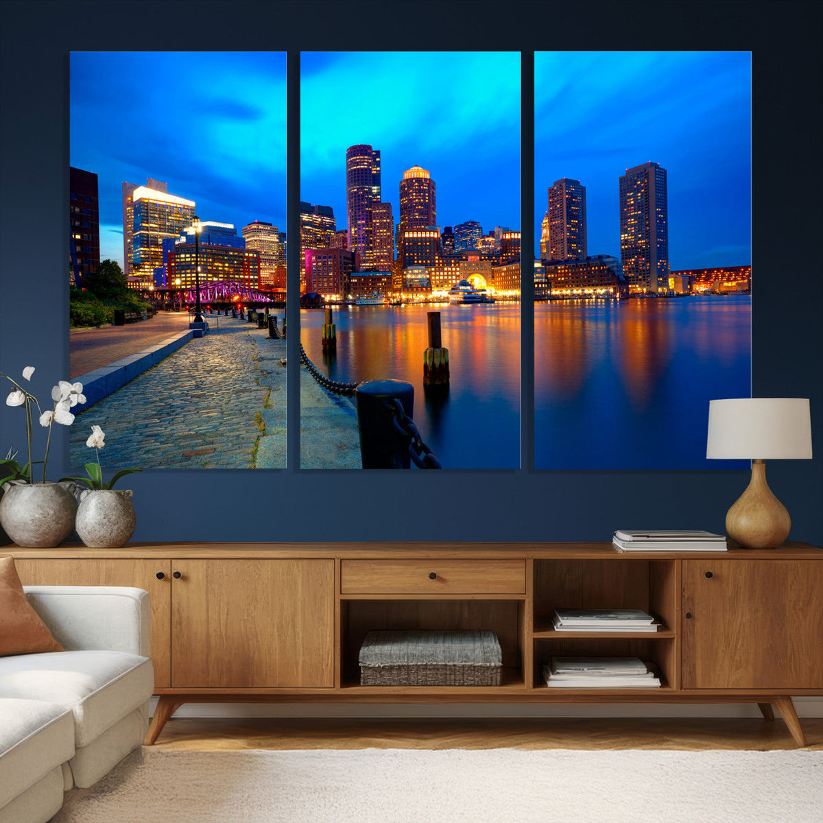 Boston Wall Art Canvas Print, Boston City Downtown Night Cityscape