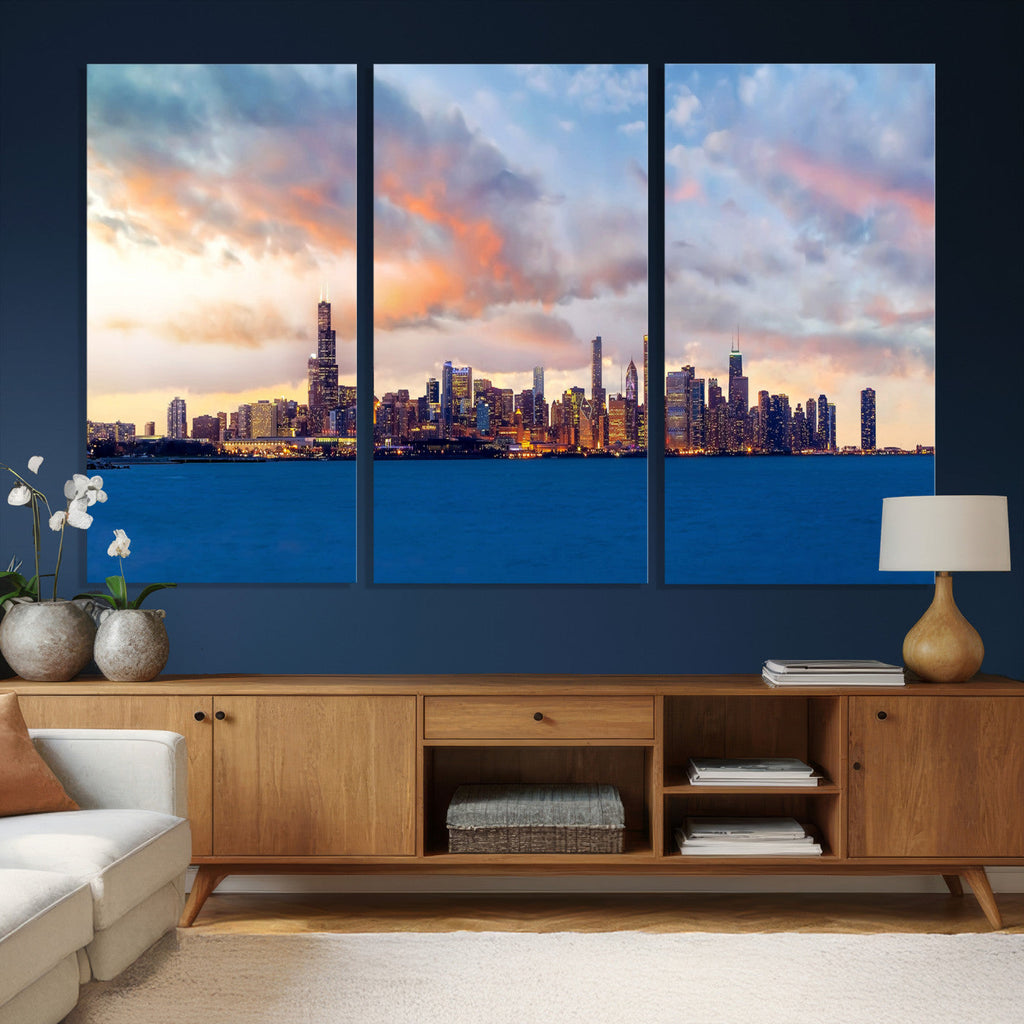 Chicago Wall Art Canvas Print - Chicago City Downtown Night Cityscape
