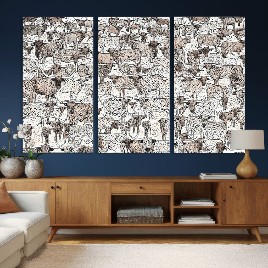 Abstract Texas Cow Wall Art Canvas Print, Farm Longhorn Art for Cabin Decor