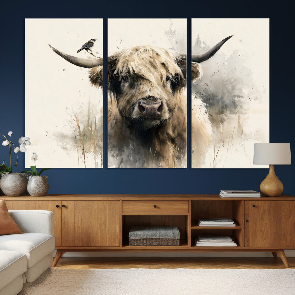 Abstract Highland Cow Wall Art Canvas Print, Rustic Farm Cattle Portrait