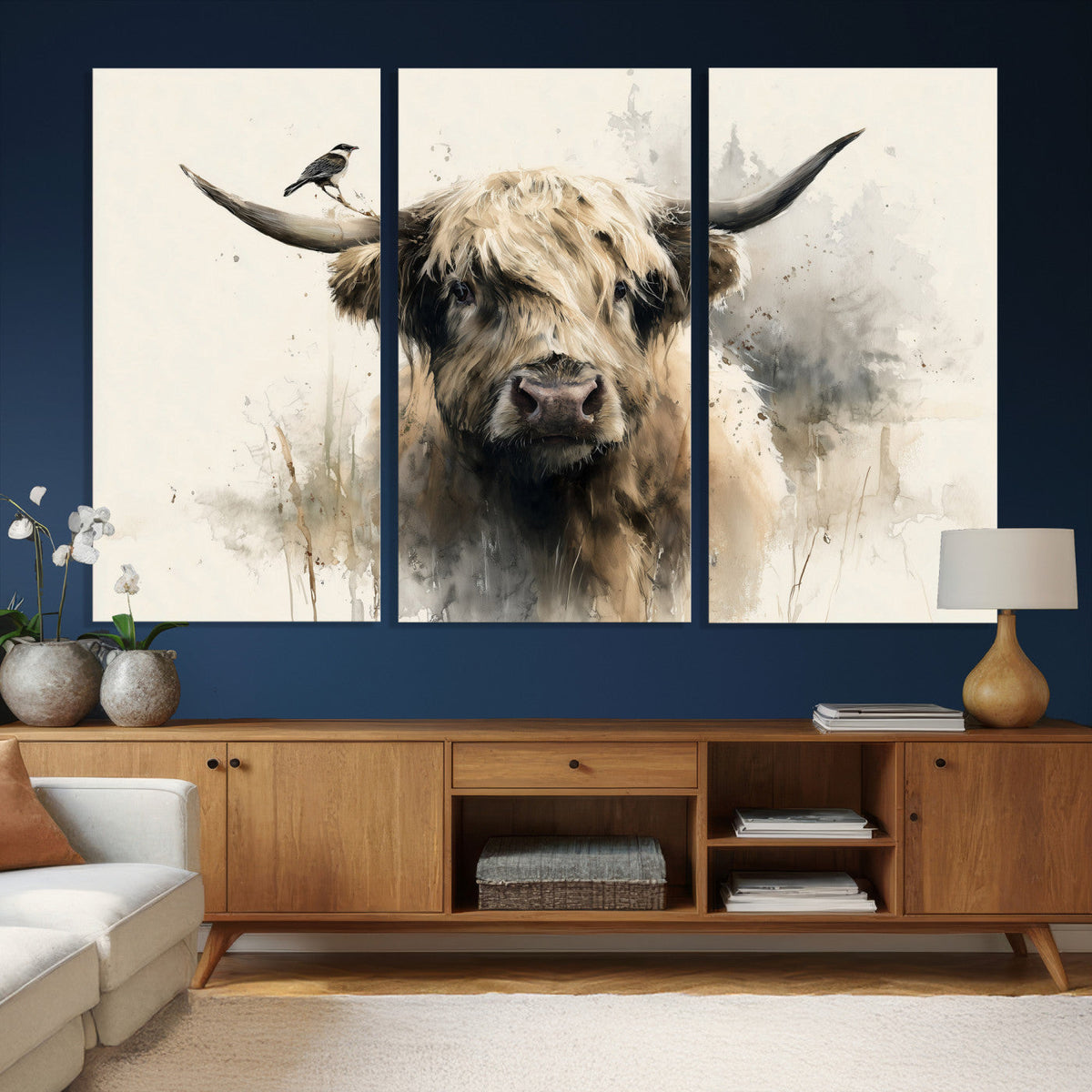 Abstract Highland Cow Wall Art Canvas Print, Rustic Farm Cattle Portrait