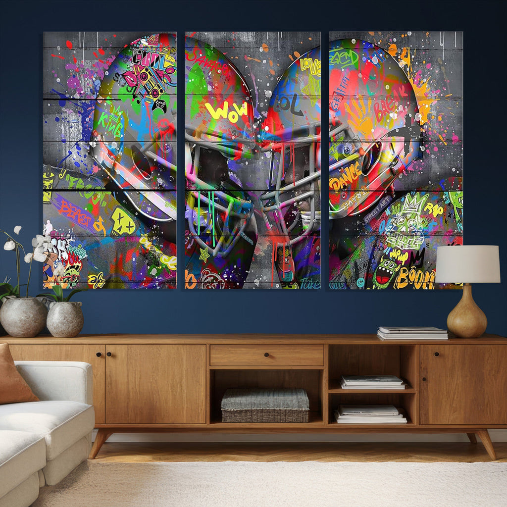 Graffiti Football Helmets Wall Art Canvas Print, Urban Street Art