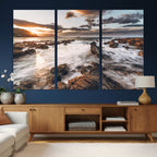 Rocky Coast Ocean Sunset Wall Art Canvas Print, Dramatic Seascape Nature Decor