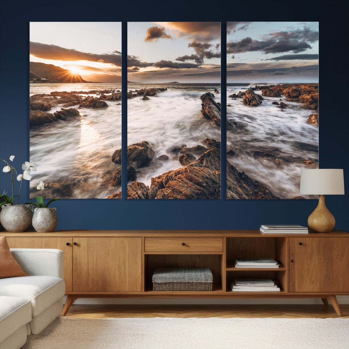 Rocky Coast Ocean Sunset Wall Art Canvas Print, Dramatic Seascape Nature Decor