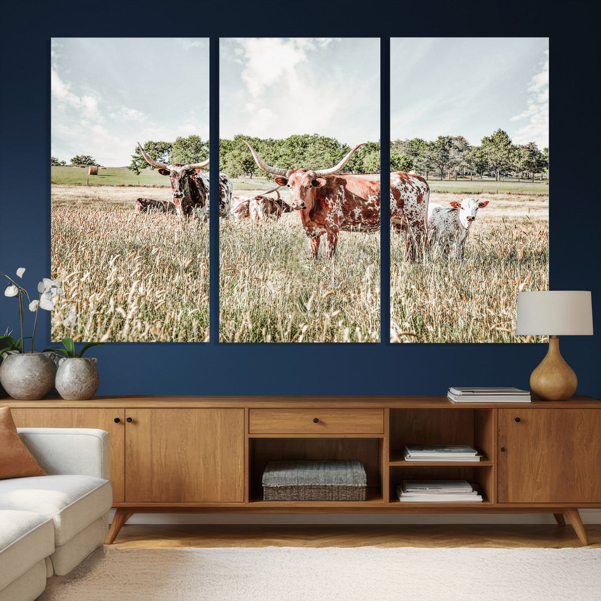 Texas Longhorn Cattle Wall Art Canvas Print, Western Ranch Landscape Decor