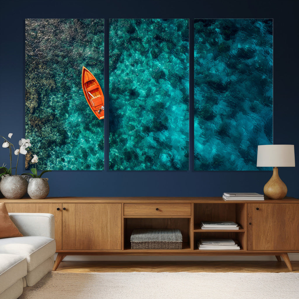 Turquoise Ocean Boat Wall Art Canvas Print