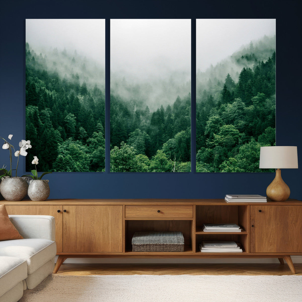 Misty Pine Forest Wall Art Canvas Print, Foggy Evergreen Landscape