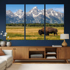 Bison in Mountain Landscape Wall Art Canvas Print, Western Decor