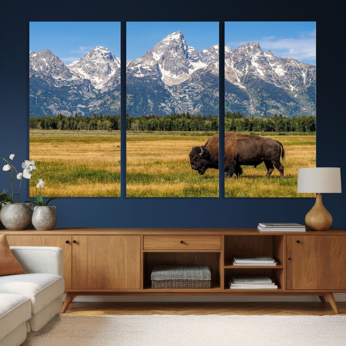 Bison in Mountain Landscape Wall Art Canvas Print, Western Decor