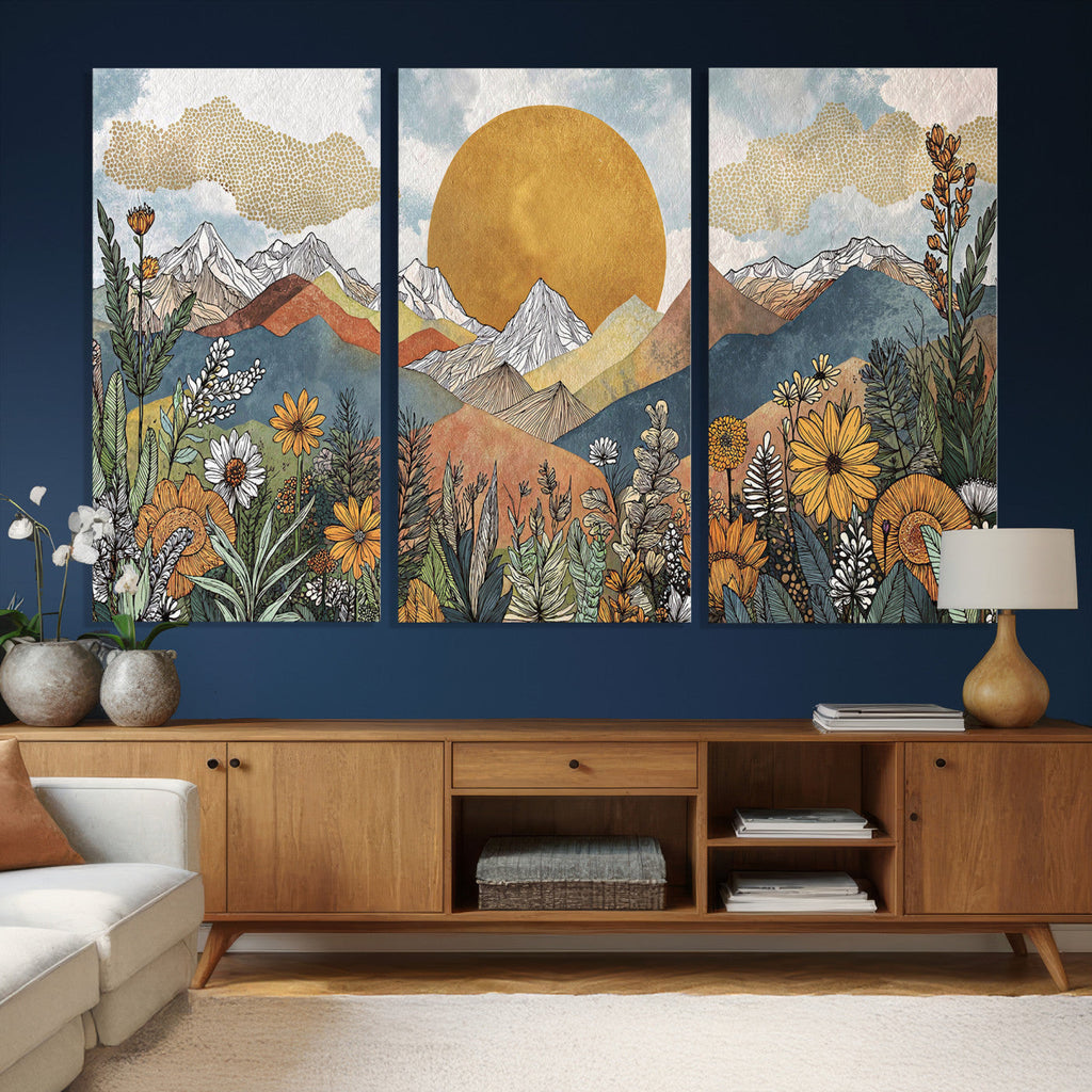 Boho Mountain Landscape Large Wall Art, Horizontal Gold Sun and Flowers Print