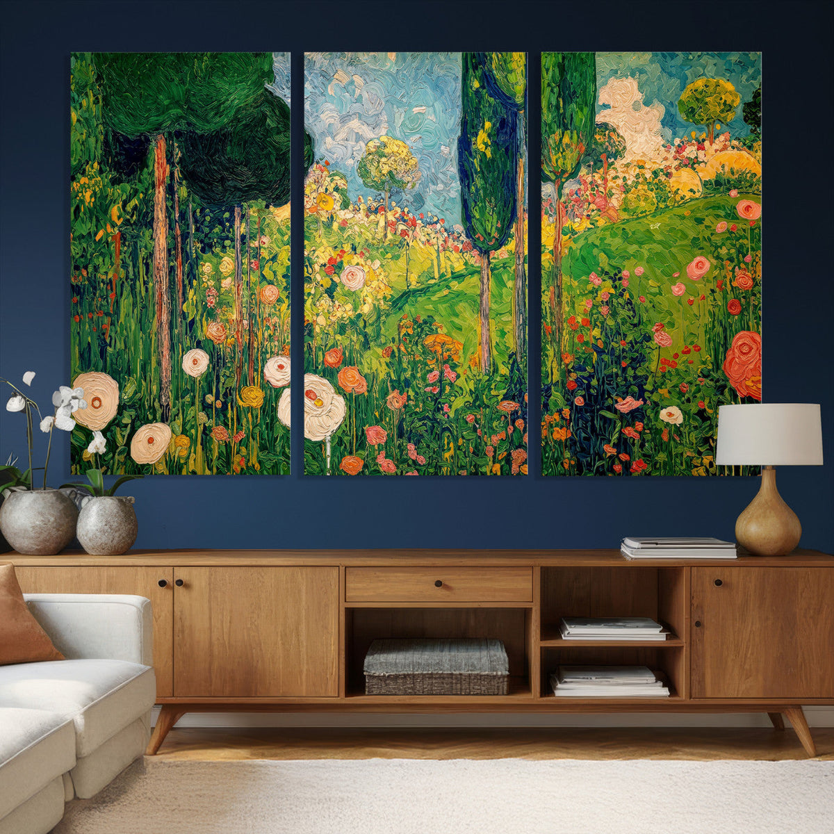 Gustav Klimt Boho Mountain Landscape Large Wall Art, Gold Sun and Flowers Print