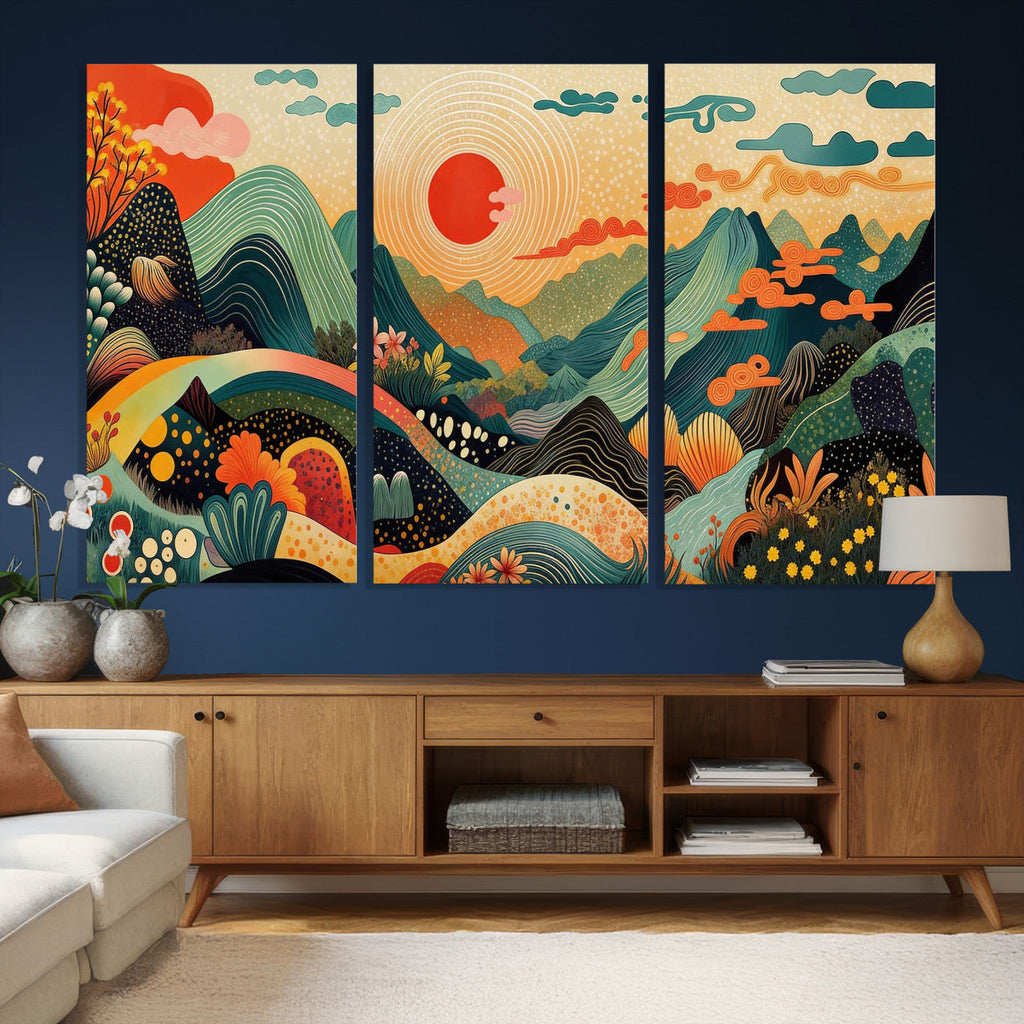 Yayoi Kusama Boho Mountain Landscape Large Wall Art, Gold Sun and Flowers Print