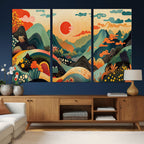 Yayoi Kusama Boho Mountain Landscape Large Wall Art, Gold Sun and Flowers Print
