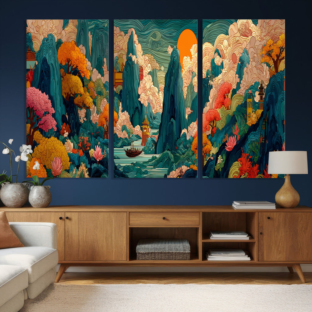 Colorful Japanese Landscape Print: Maximalist Panoramic Wall Art