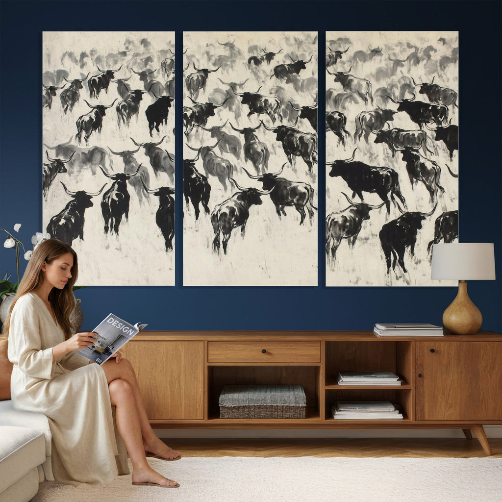 Longhorn Cattle Canvas Wall Art, Black White Stampede Ink