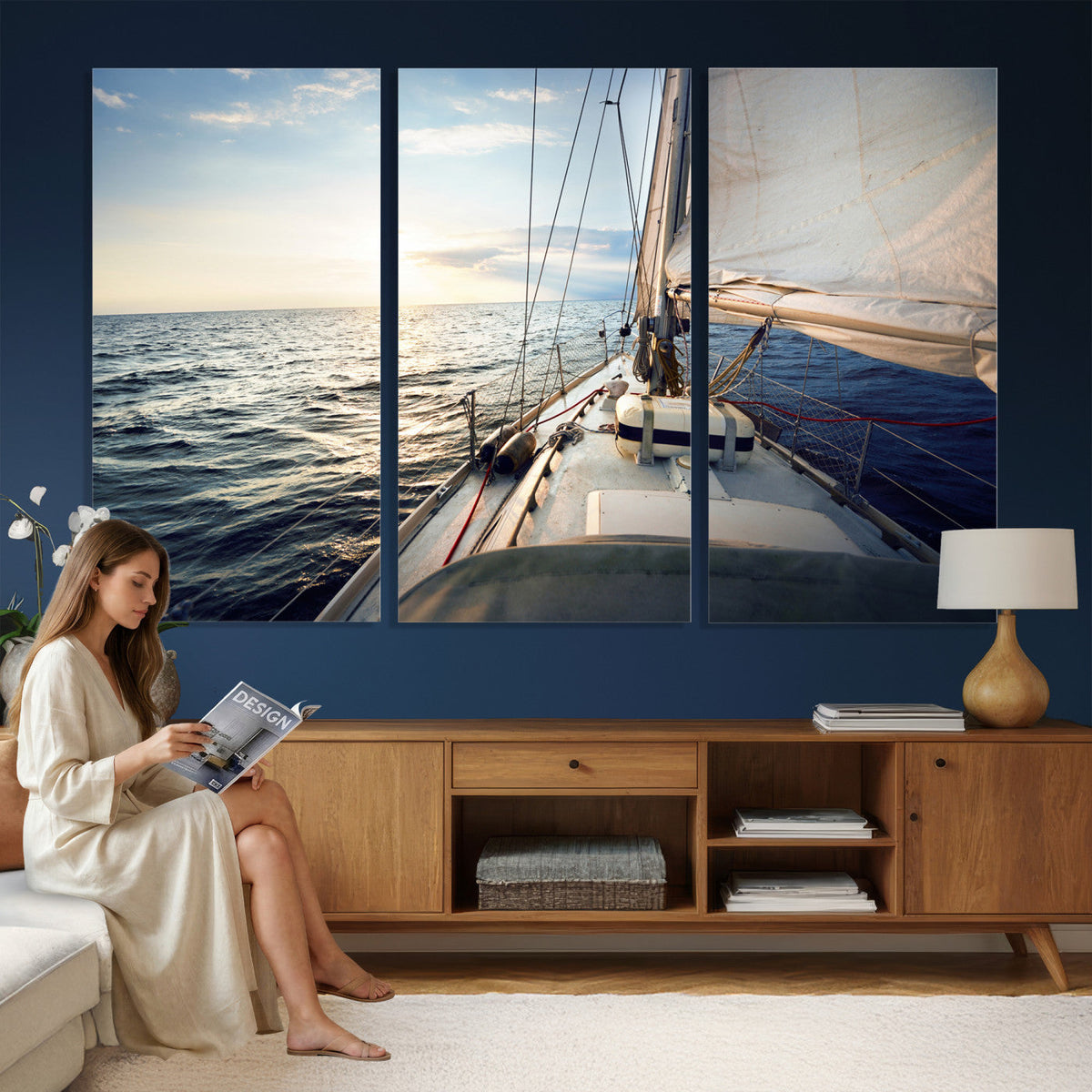 Sailboat Wall Art Canvas Print, Ocean Sunset Sailing Framed Artwork