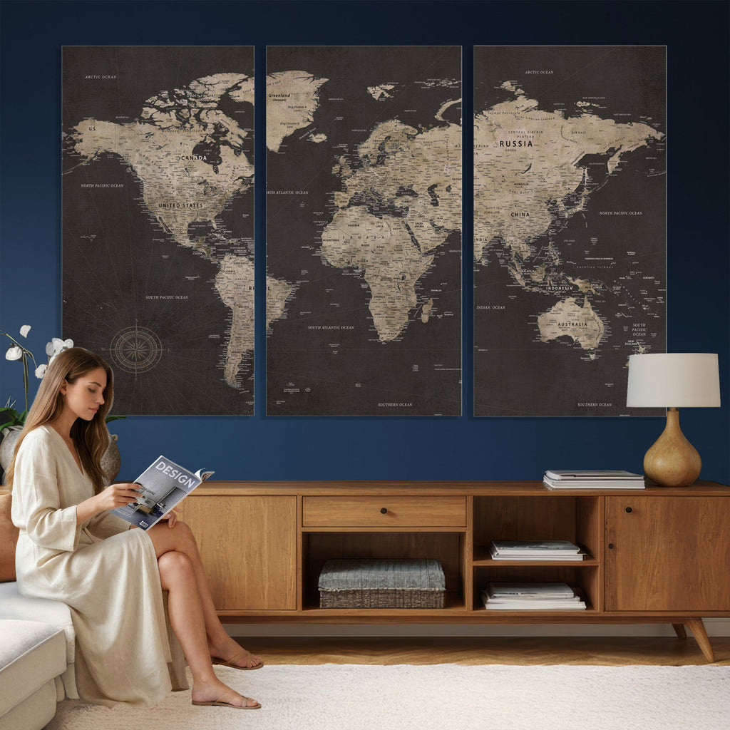World Map Canvas Wall Art, Dark Charcoal and Antique Tan Detailed Map
