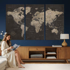 World Map Canvas Wall Art, Dark Charcoal and Antique Tan Detailed Map