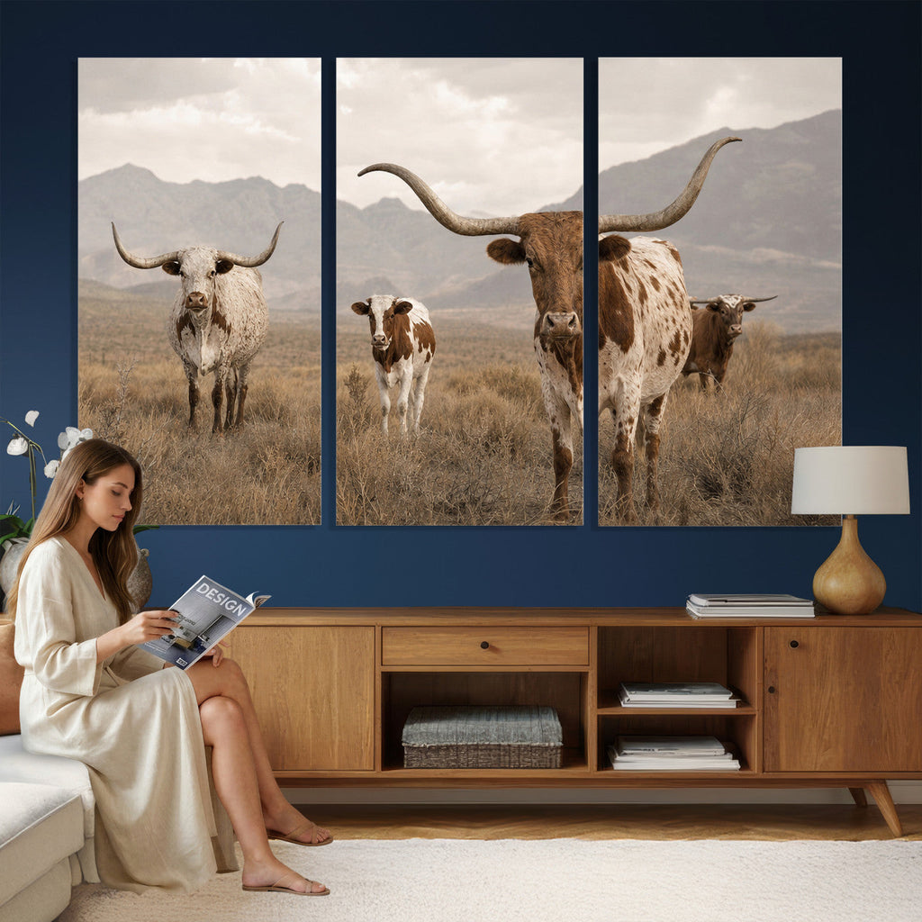 Rustic Texas Longhorn Cow Canvas Wall Art Print, Farm Animal Photography