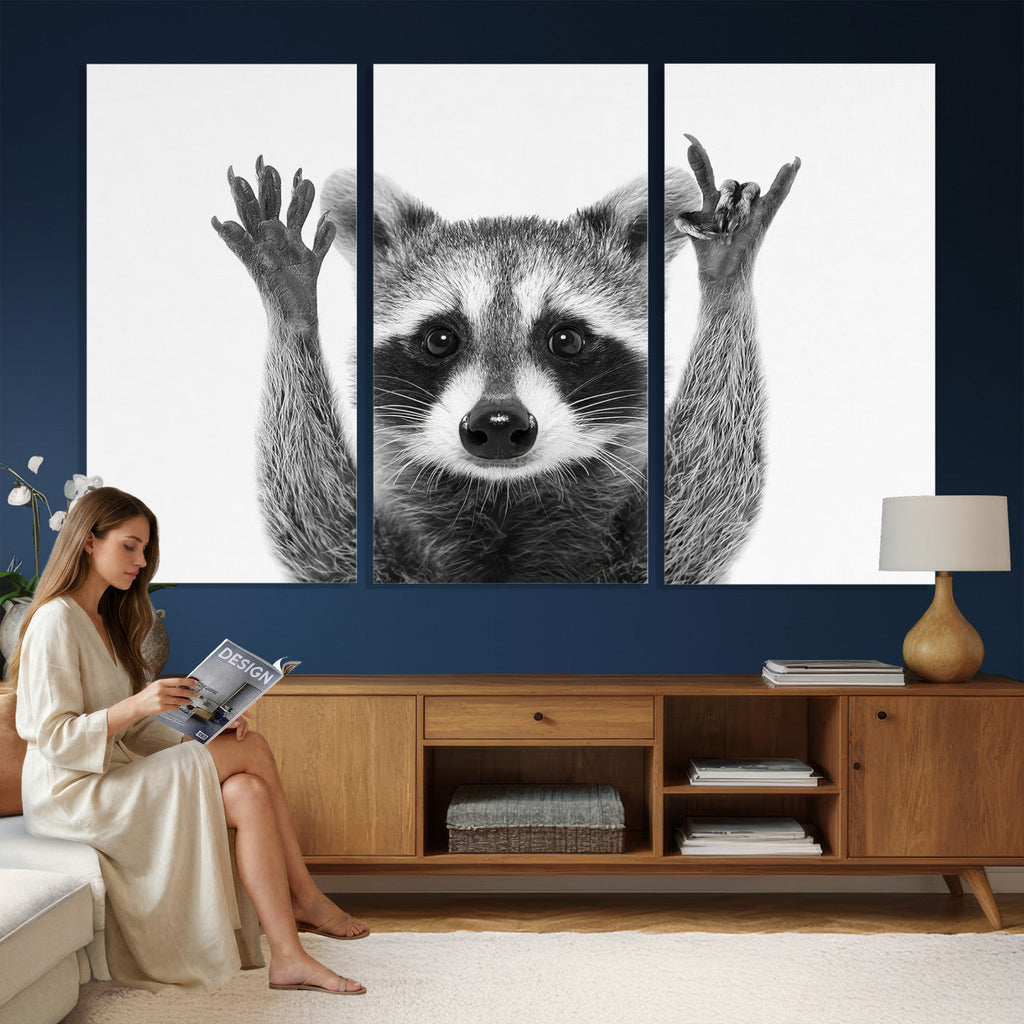 Funny Raccoon Canvas Wall Art, Black White Hands Up Animal Photo Print