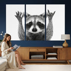 Funny Raccoon Canvas Wall Art, Black White Hands Up Animal Photo Print