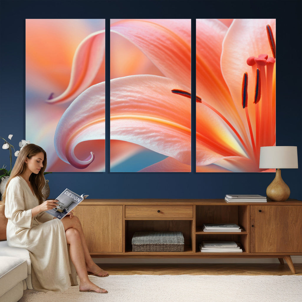 Peach Lily Canvas Wall Art, Coral Pink Flower Macro Photo Print, Botanical Decor