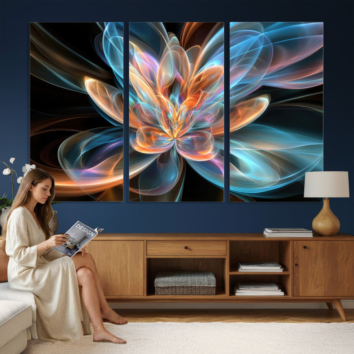 Fractal Lotus Canvas Wall Art, Blue Orange Glowing Flower Abstract Print