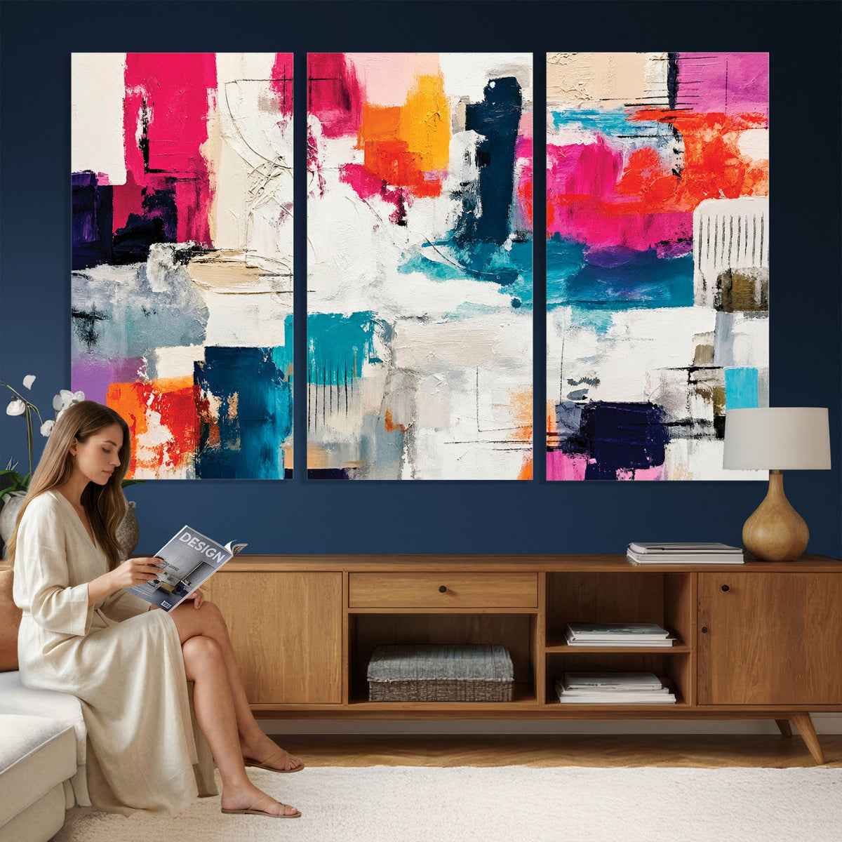 Blue Teal Abstract Canvas Wall Art, Modern Brushstroke Style Print, Navy Orange Contemporary Decor