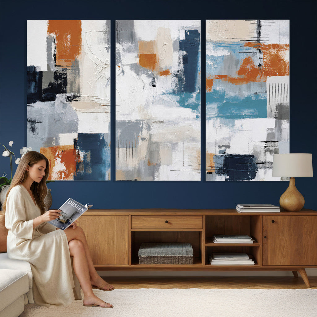 Blue Teal Abstract Canvas Wall Art, Modern Brushstroke Style Print, Navy Orange Contemporary Decor