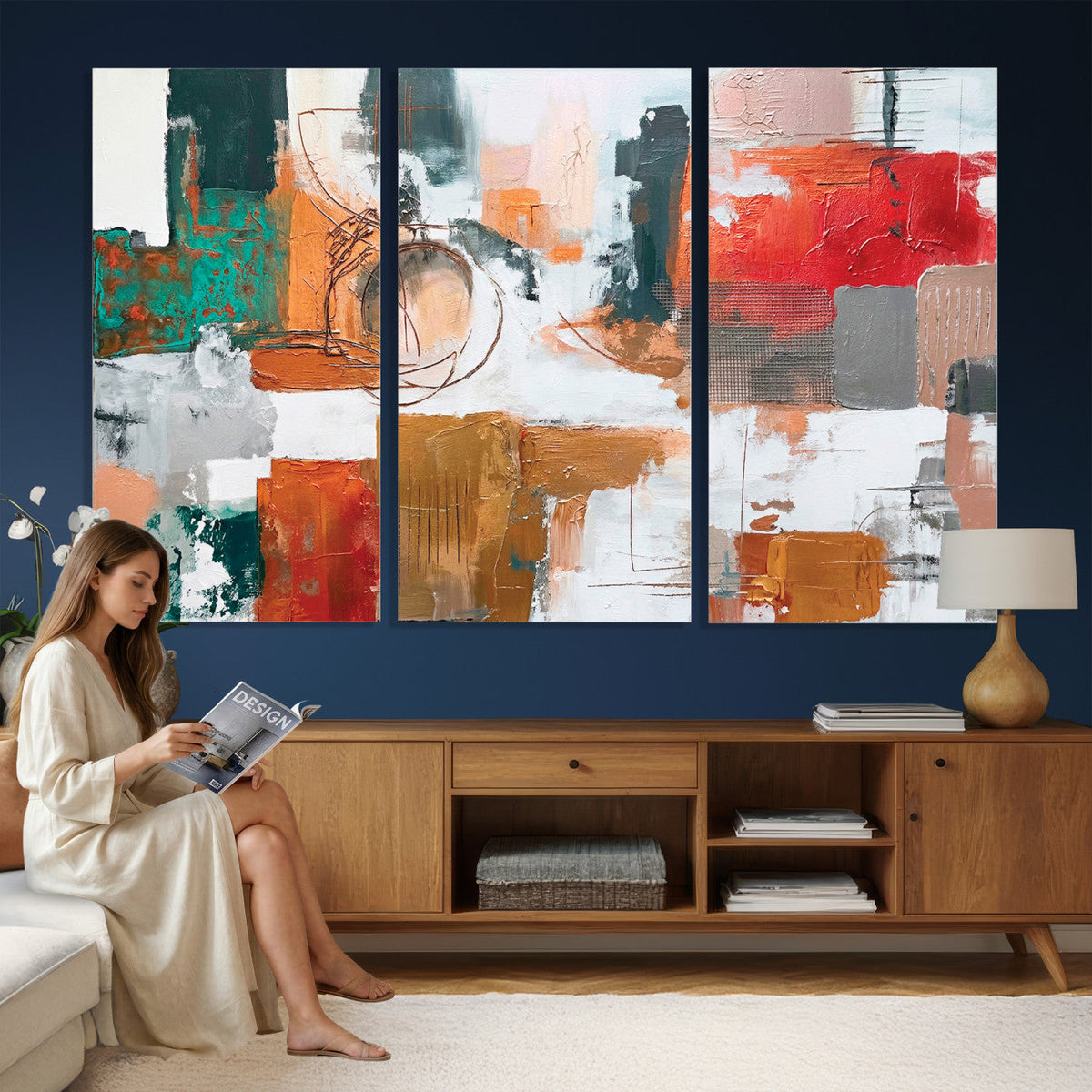 Blue Teal Abstract Canvas Wall Art, Modern Brushstroke Style Print, Navy Orange Contemporary Decor