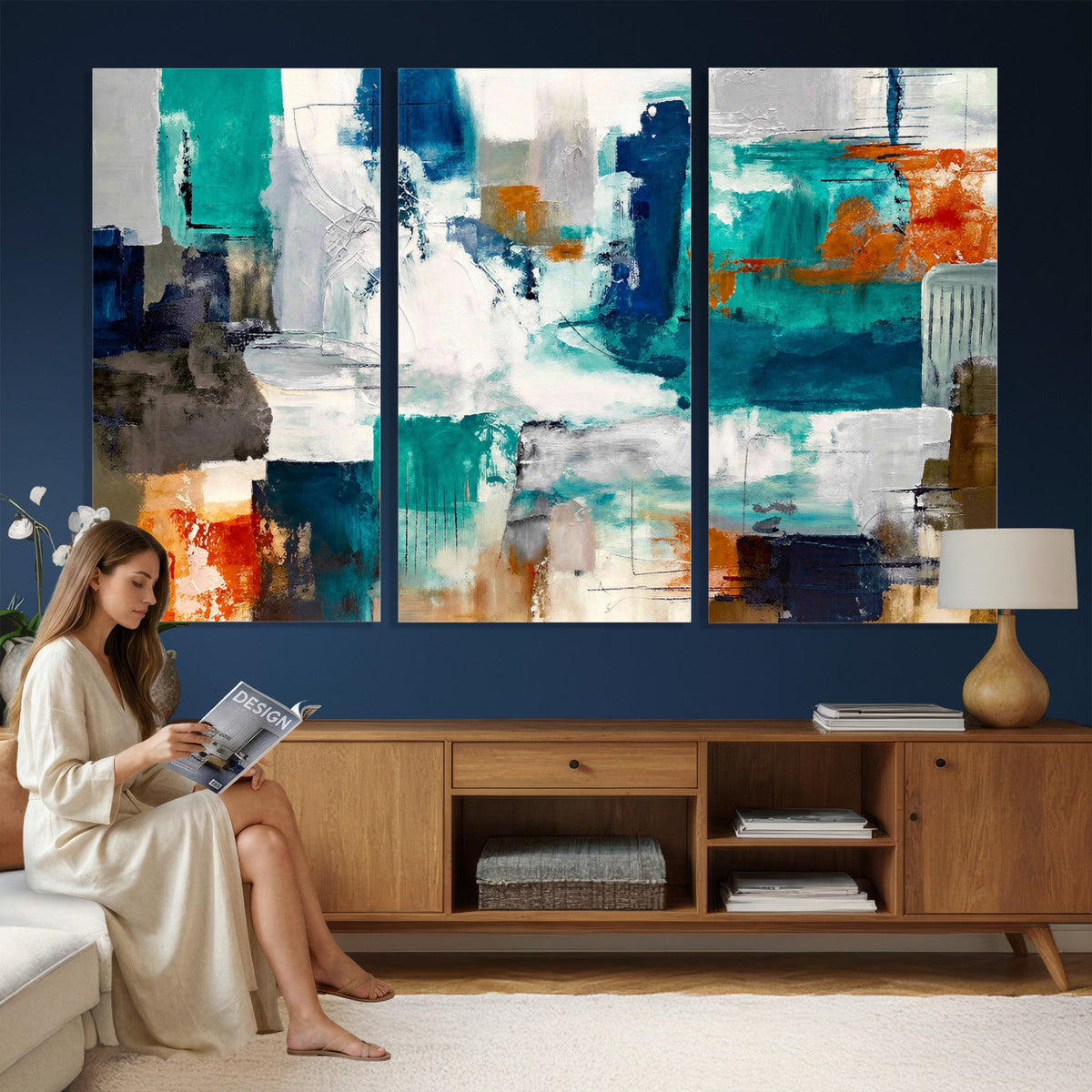 Blue Teal Abstract Canvas Wall Art, Modern Brushstroke Style Print, Navy Orange Contemporary Decor