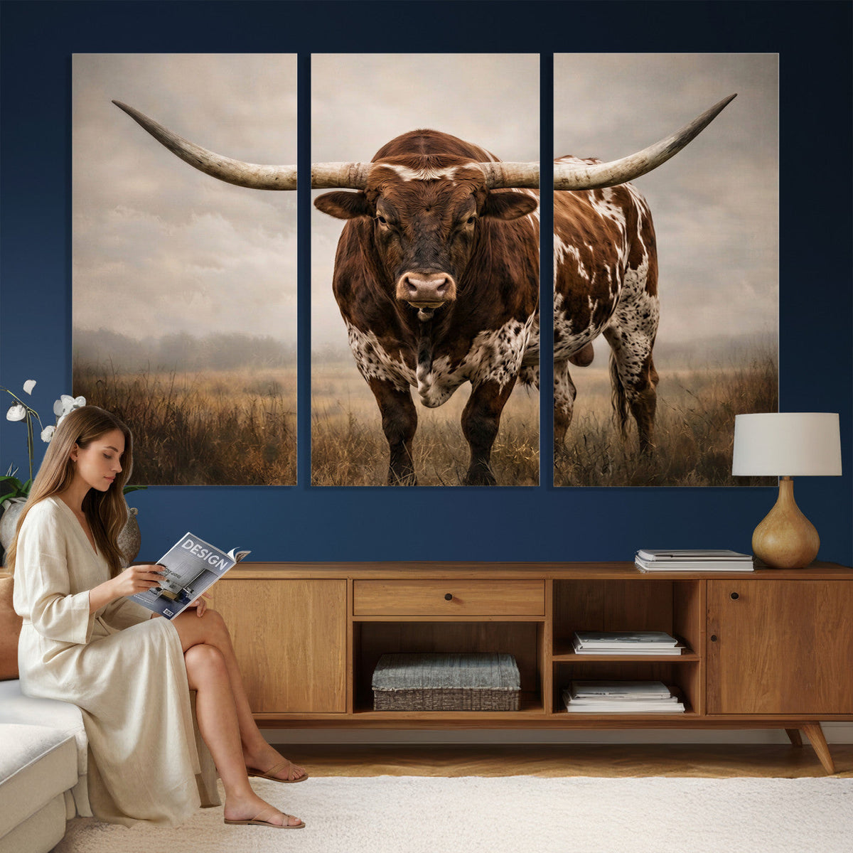 Texas Longhorn Wall Art Canvas Print | Brown Horned Bull Rustic Western Decor
