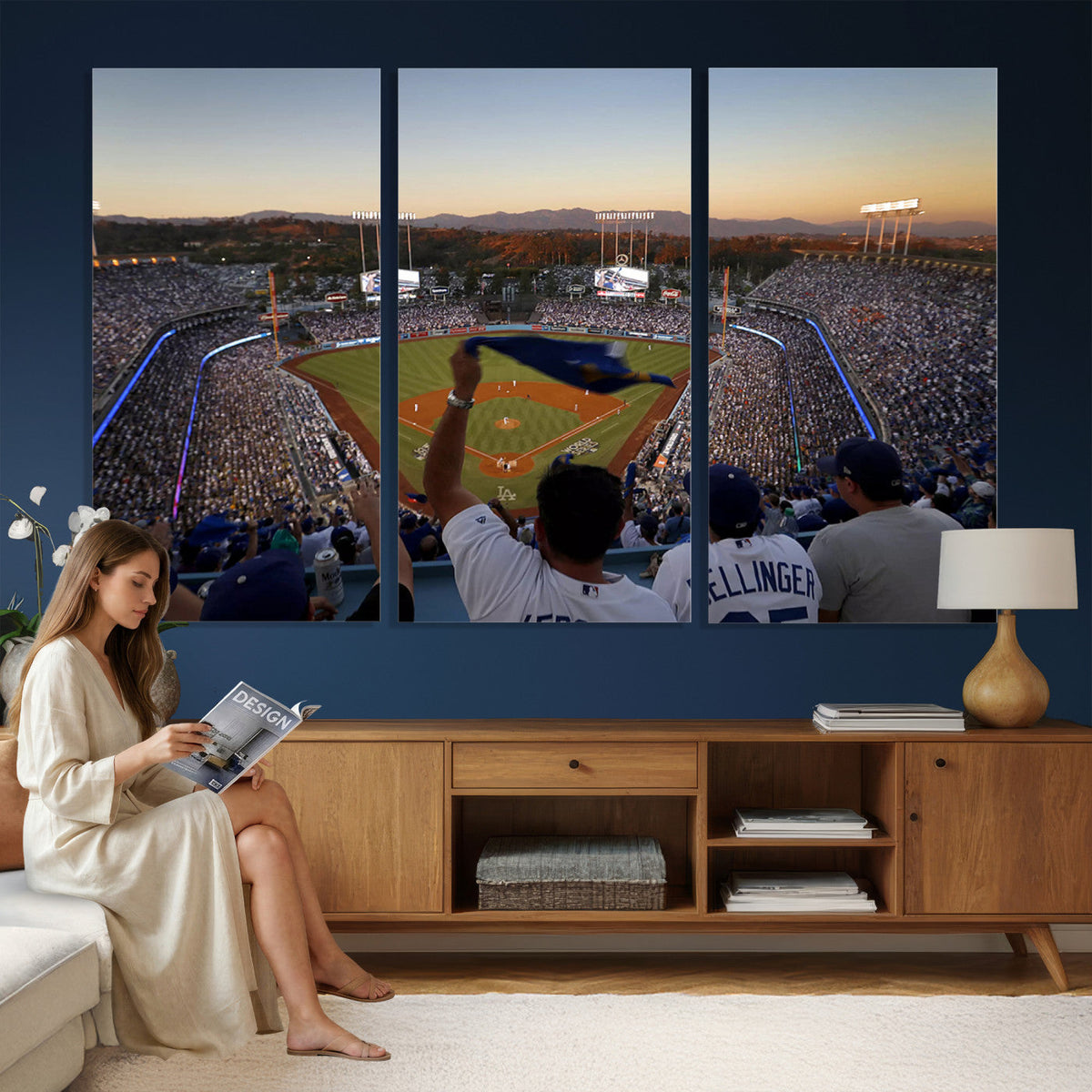 Dodger Stadium Sunset Game Triple Canvas Wall Art, Los Angeles Dodgers MLB Match
