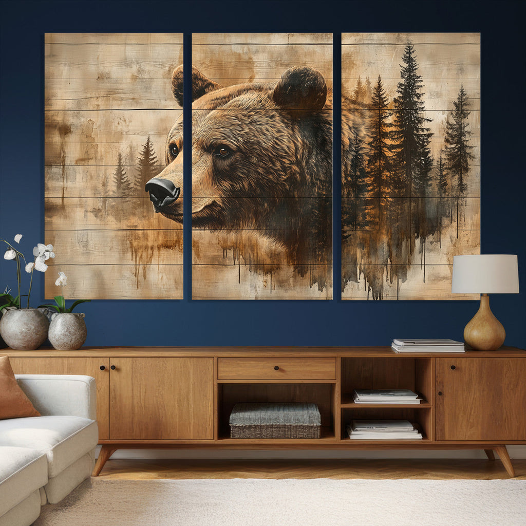 Rustic Grizzly Bear Wall Art, Abstract Grizzly 399 Bear Canvas Print, Woodland Wildlife