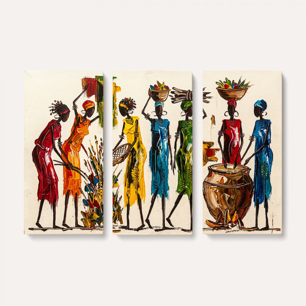 African Folk Art Canvas Wall Art, Colorful African Women Village Painting Print