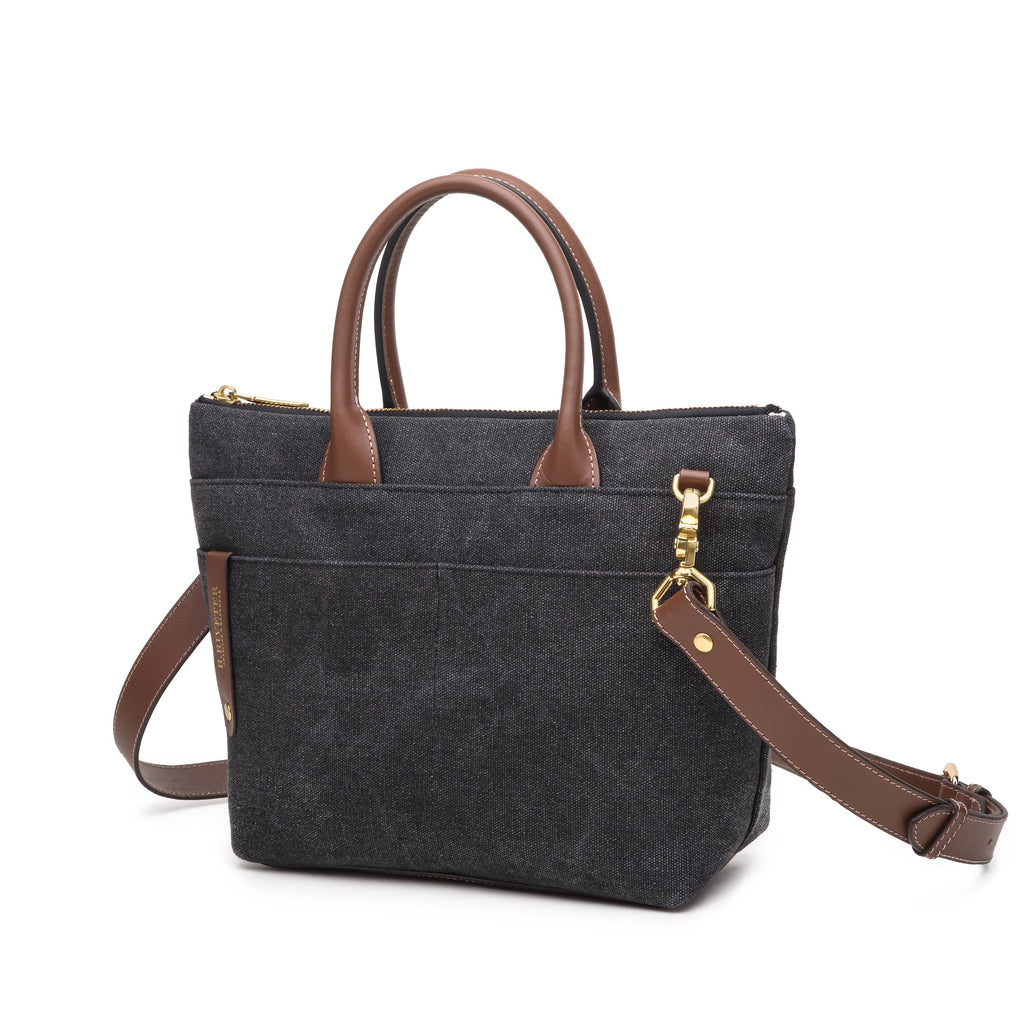 Dot Tote | Black Washed Canvas + Brown