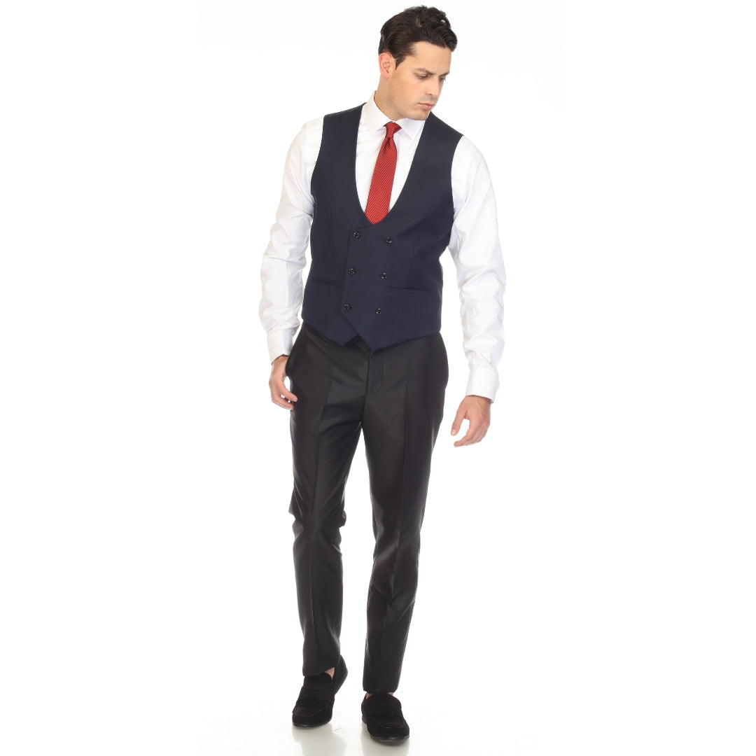 Men's Navy Double Breasted Vest Set - Cruz Adjustable Wedding Waistcoat with Bow Tie, Necktie & Pocket Square, Sizes 36-54 | Ferrecci