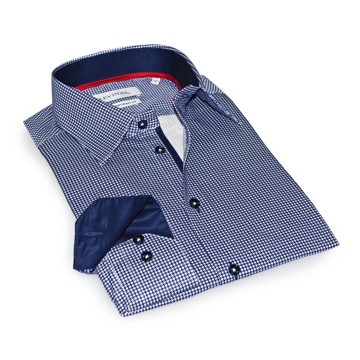Contrast Collar & Cuff Button Up // Navy Houndstooth + Solid Navy Trim