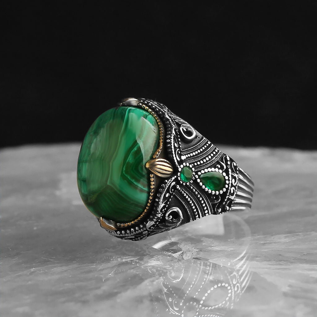 925 Sterling Silver Genuine Malachite Stone Ring