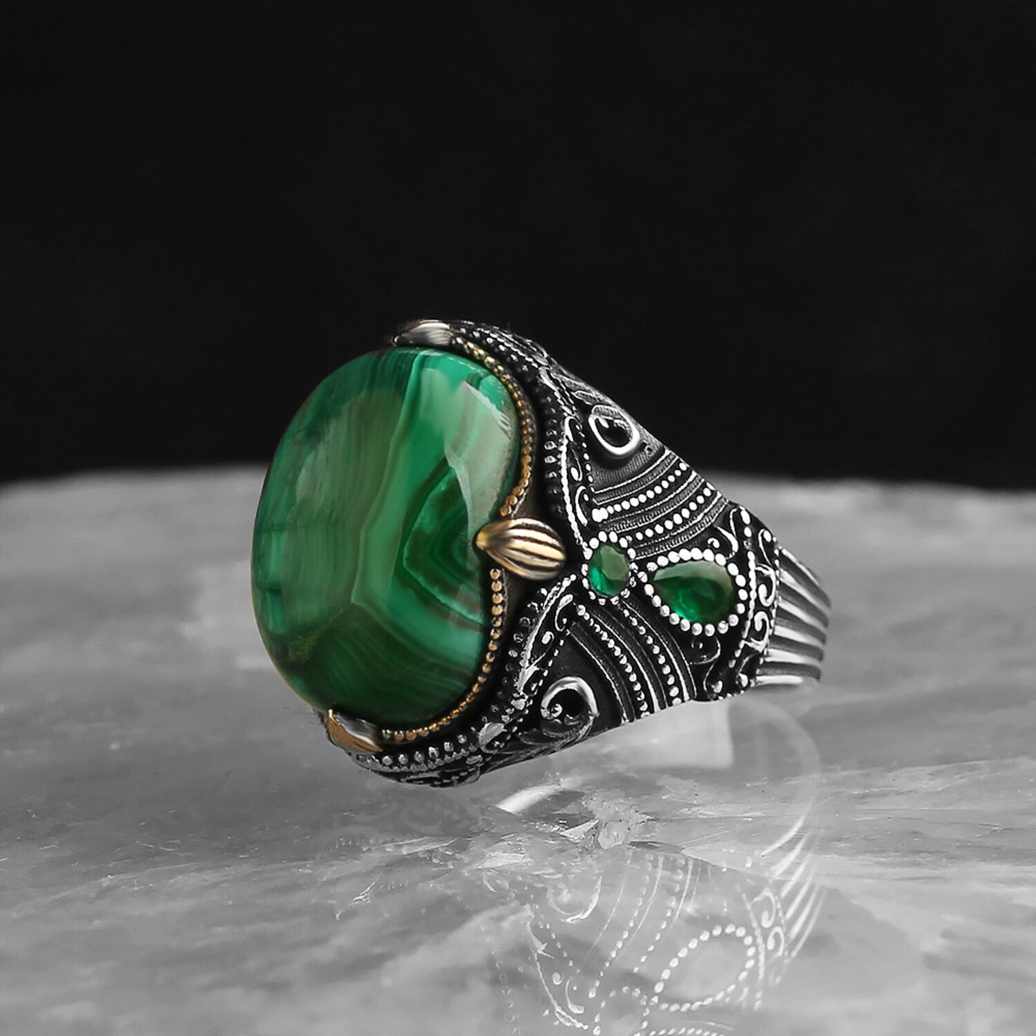 925 Sterling Silver Genuine Malachite Stone Ring