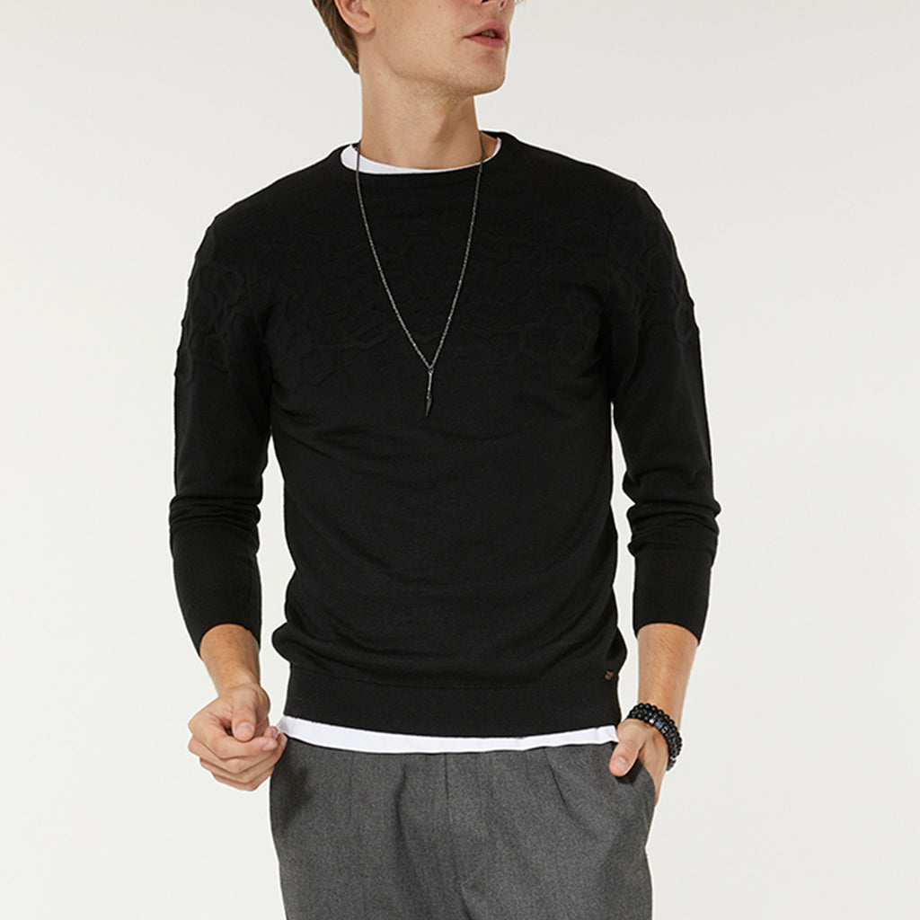 Wool Blend Textured Crewneck Sweater // Black