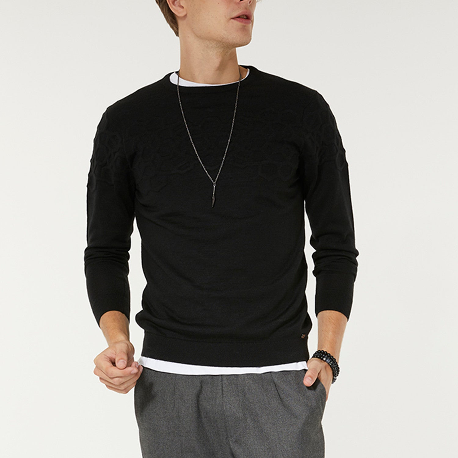 Wool Blend Textured Crewneck Sweater // Black